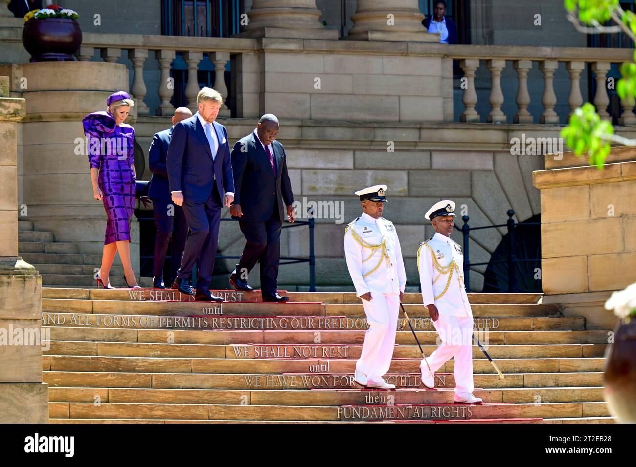 Pretoria 19-10-2023 le roi Willem Alexander, la reine Maxima et le président Ramaphosa lors du 2e jour de la visite d'État de 3 jours du roi et de la reine hollandais en Afrique du Sud, cérémonie de bienvenue aux bâtiments de l'Union à Pretoria photo : Albert Nieboer Banque D'Images