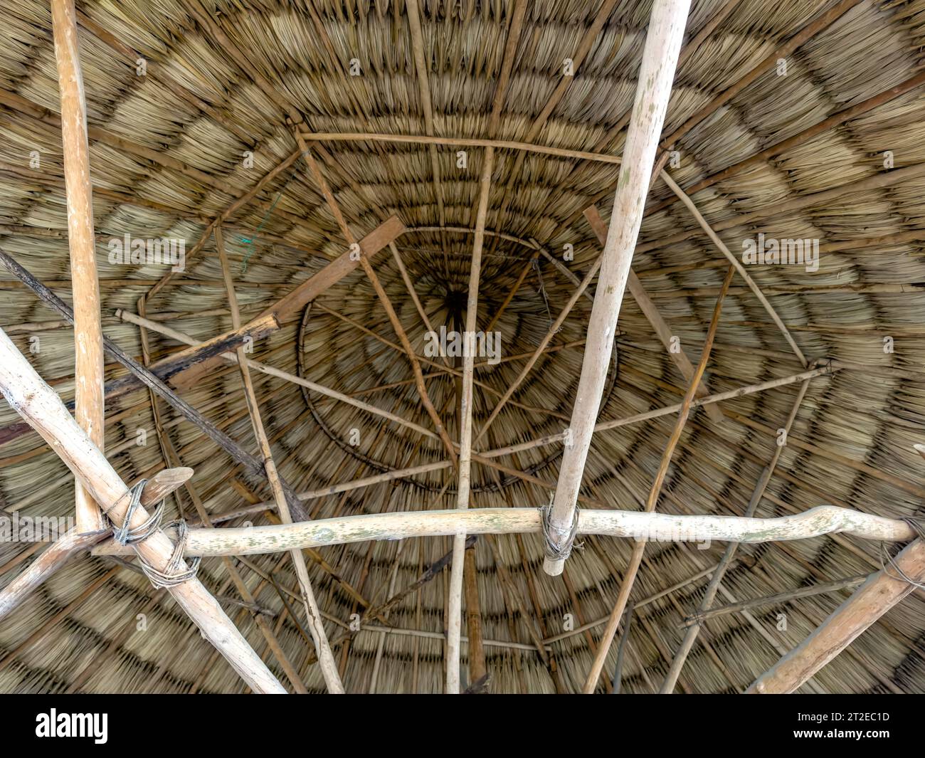 Le toit de chaume traditionnel du restaurant El Portal de Yaxha à El Zapote près des ruines de Yaxha au Guatemala. Banque D'Images