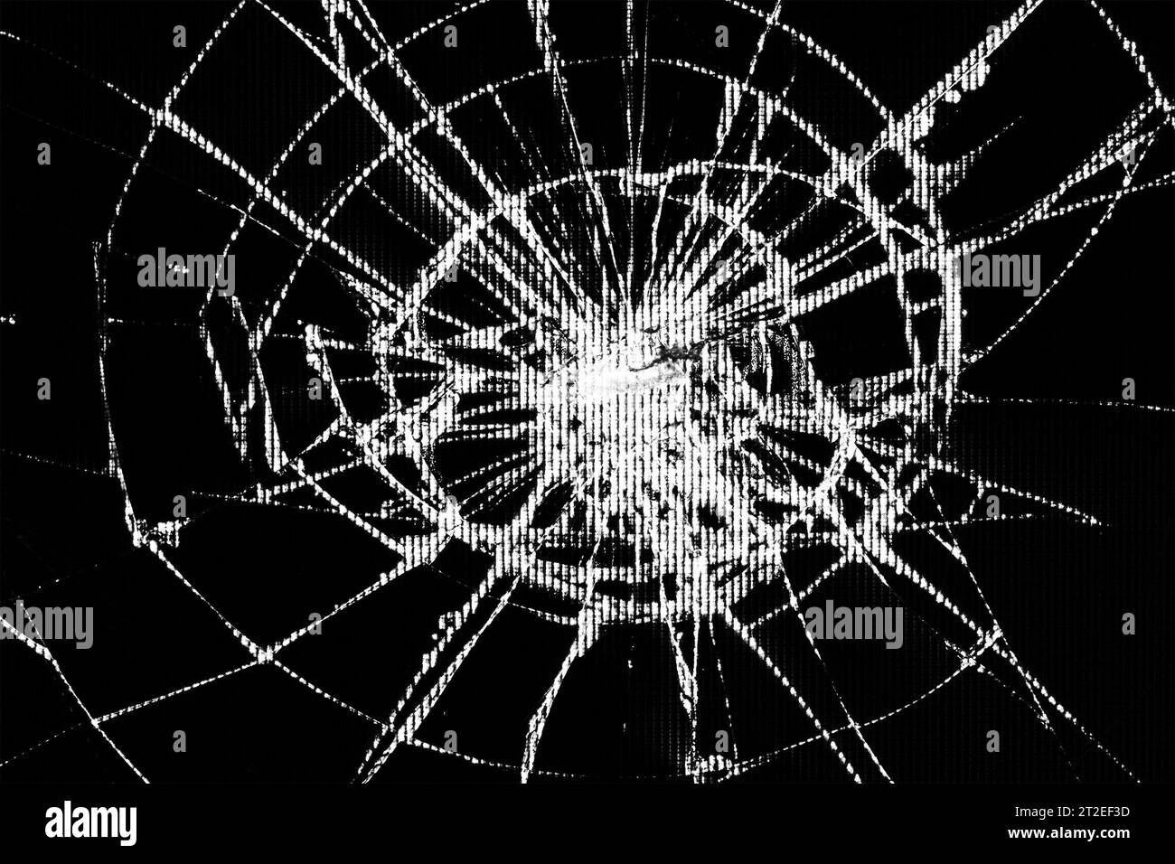 Traces de bosses et de fissures sur un écran LCD cassé, un moniteur d'ordinateur ou un écran de télévision, photo en noir et blanc Banque D'Images