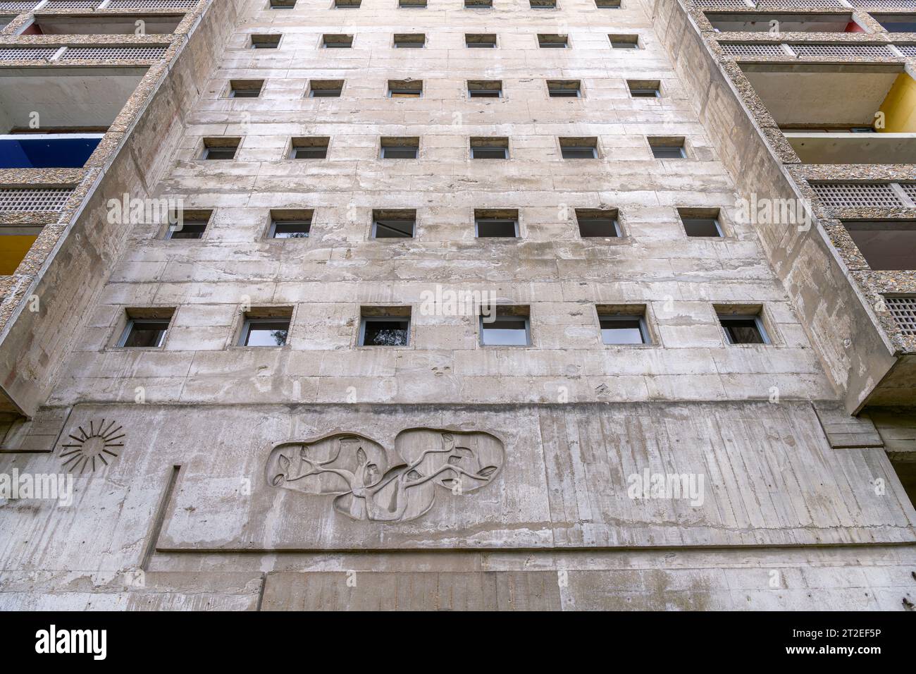 Détails architecturaux de la Maison d'habitation de le Corbusier à Reze au sud de Nantes. Aussi connu sous le nom de la Maison radieuse le Corbusier. Banque D'Images