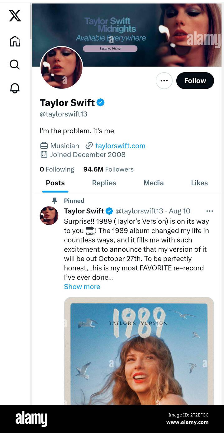 Capture d'écran du compte de médias sociaux « X » (anciennement Twitter) de Taylor Swift. Octobre 2023 Banque D'Images