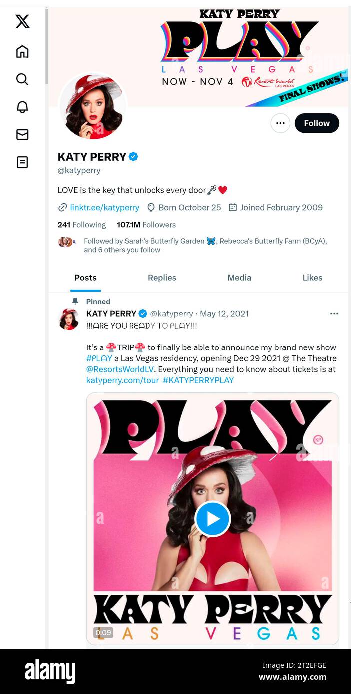Capture d'écran du compte de médias sociaux « X » (anciennement Twitter) de Katy Perry. Octobre 2023 Banque D'Images