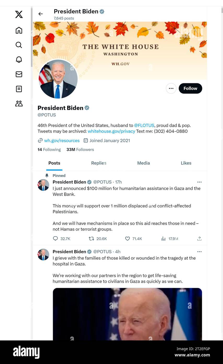 Capture d'écran du compte de médias sociaux « X » (anciennement Twitter) du président américain Joe Biden. Octobre 2023 Banque D'Images