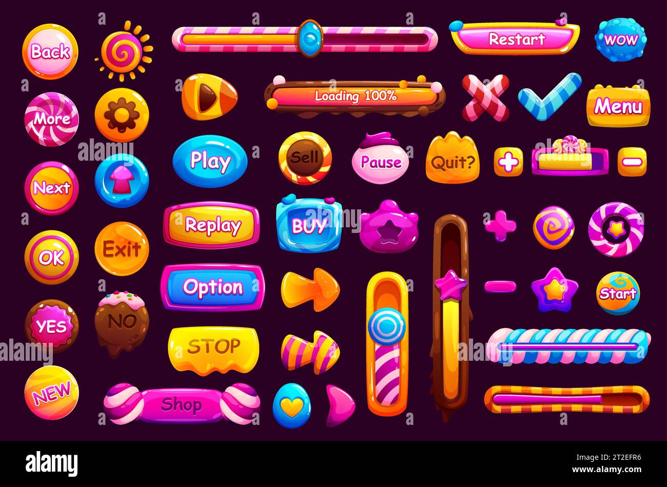 Boutons et fenêtre de l'interface Candy de jeu, cadre et barre de chargement, curseur, options de menu panneau ui et éléments gui. Ensemble d'éléments de conception de menu utilisateur 2D vectoriel isolé. Sucettes brillantes, caramel et bonbons Illustration de Vecteur