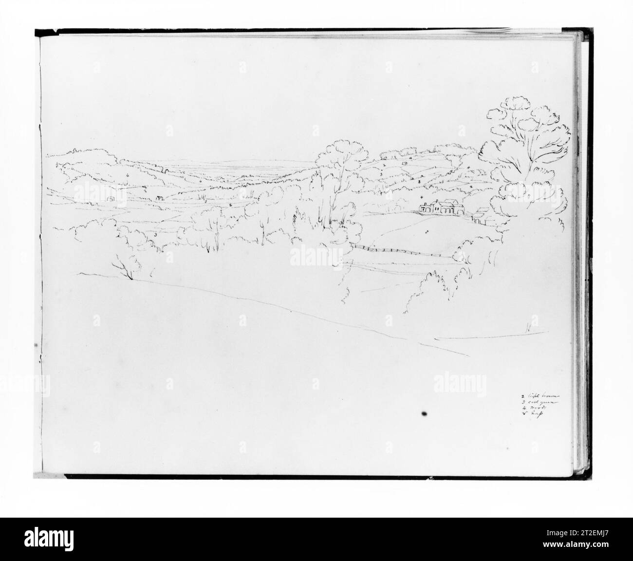 Paysage panoramique (de Sketchbook) Francis William Edmonds américain ca. 1838 et après l’exécution des croquis et des études a été une partie cruciale du processus créatif d’Edmonds. Beaucoup de ses dessins existent en tant qu'œuvres indépendantes - apparemment jamais prises plus loin - mais beaucoup d'autres représentent une étape initiale dans sa conception pour les peintures. Ce carnet de croquis, qu'il a commencé vers 1838, comprend les deux types de dessins d'une variété de sujets. Afficher plus. Paysage panoramique (de Sketchbook). Francis William Edmonds (américain, Hudson, New York 1806–1863 Bronxville, New York). Américain. env. 1838 et après. Banque D'Images
