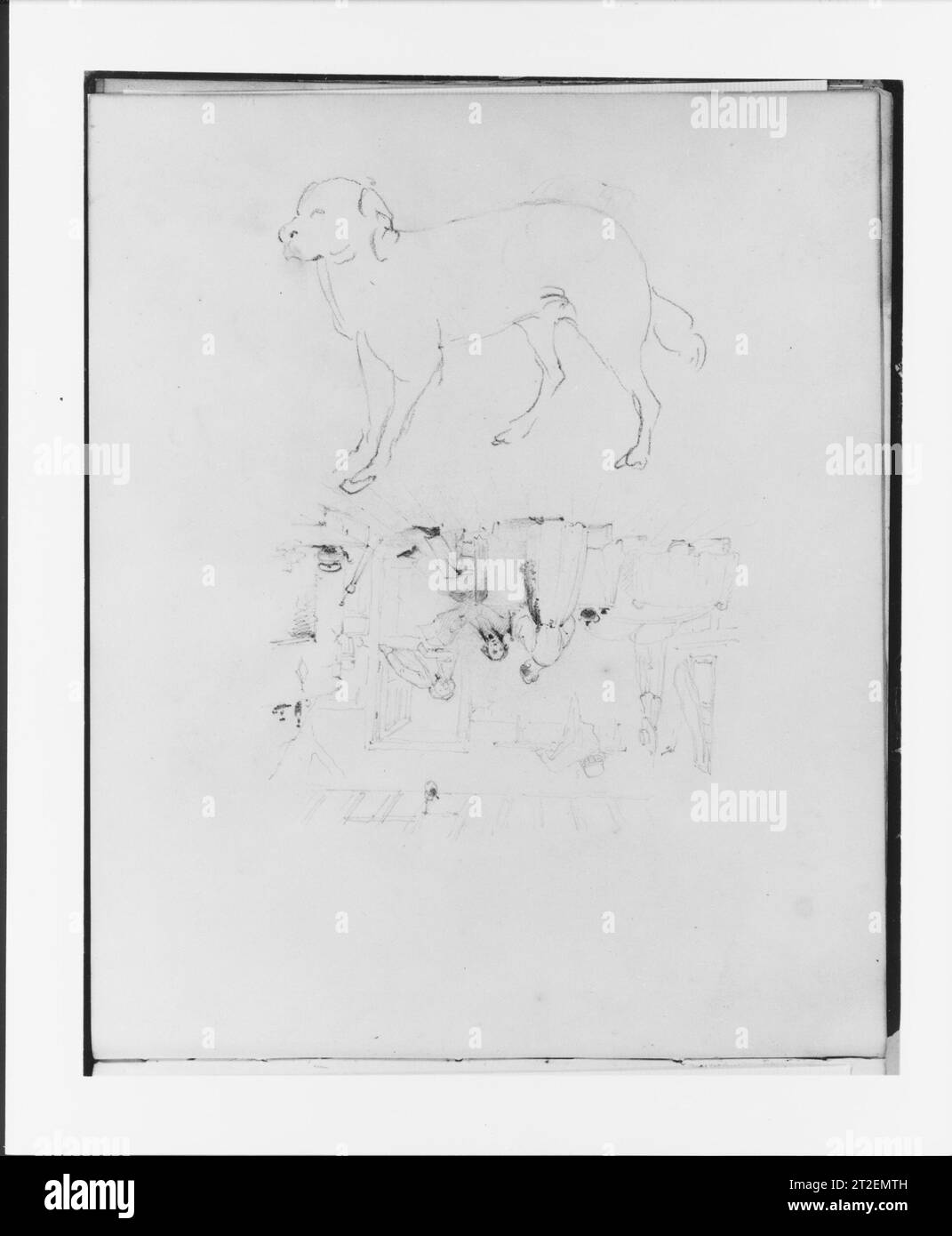 Scène intérieure et étude d'un chien (extrait de Sketchbook) Francis William Edmonds américain ca. 1838 et après l’exécution des croquis et des études a été une partie cruciale du processus créatif d’Edmonds. Beaucoup de ses dessins existent en tant qu'œuvres indépendantes - apparemment jamais prises plus loin - mais beaucoup d'autres représentent une étape initiale dans sa conception pour les peintures. Ce carnet de croquis, qu'il a commencé vers 1838, comprend les deux types de dessins d'une variété de sujets. Banque D'Images