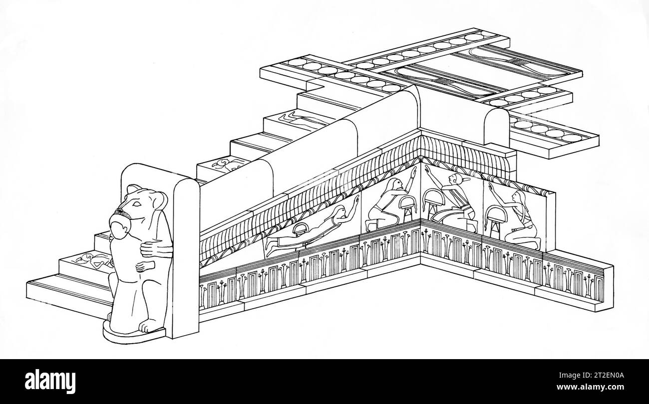 Cavetto Tile du palais de Ramsès II New Kingdom, Ramesside ca. 1279–1213 av. J.-C. cette tuile décora autrefois le palais de Ramsès II à Piramesse, qu'il fit de l'une des plus grandes villes royales de l'Égypte antique. Grâce à la faveur royale et à son emplacement stratégique, Piramesse est rapidement devenu un important centre de commerce international et une métropole cosmopolite, avec un port, une base militaire, et des temples dédiés à divers dieux comme Amun-Re-Harakhty-Atum, Seth, Astarté, etc Des poèmes ont été écrits dans la louange de la ville, et son nom, qui se traduit par «la Maison des Ramsès, bien-aimé de Banque D'Images