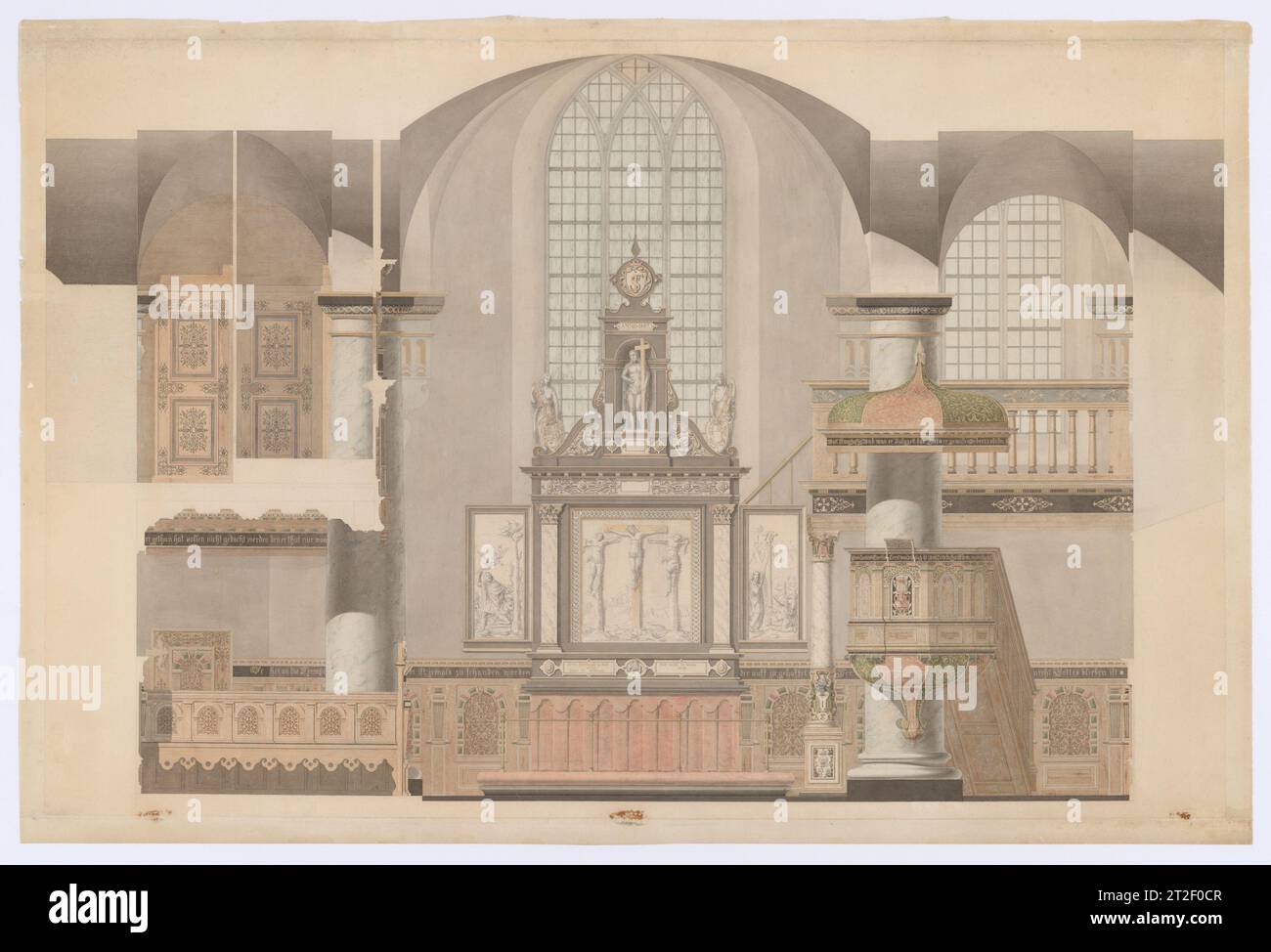 Élévation du mur de l'autel dans la chapelle royale du château de Kronborg, Danemark attribué à Michael Gottlieb Bindesbøll Danois acquis sous le nom d'Anonymous, Danois 1838–1843 ce dessin monumental montre une élévation intérieure de la chapelle royale du château de Kronborg, avec son autel principal et sa chaire. Situé dans la Manche entre la Suède et le Danemark, le château a été construit à la fin du XVIe siècle par des architectes d'origine hollandaise. Peu de temps après, il a été immortalisé par William Shakespeare, qui a utilisé le site comme Château Elsinore à Hamlet. En 1629, une grande partie du château a été détruite lors d'un incendie, b Banque D'Images