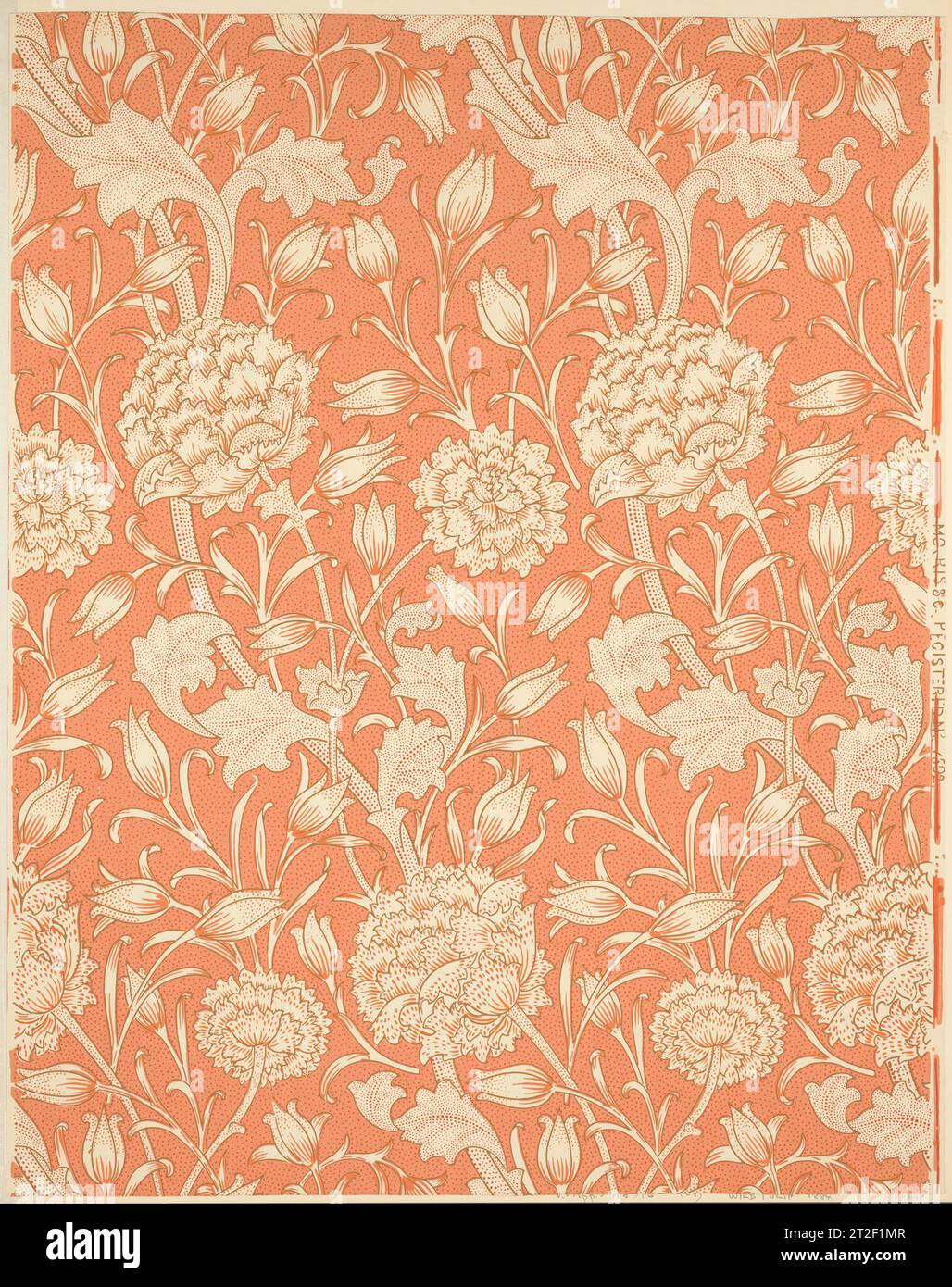 Wild Tulip Designer William Morris Fabricant britannique Morris & Company Printer Jeffrey & Co. British 1884 inspiré des brocarts turcs du XVIIe siècle, ce papier peint est typique du style tardif de Morris dans sa clarté. Le motif présente des tulipes et des œillets ou pivoines stylisés, entrelacés dans un méandre répétitif. Chef de file du mouvement Arts and Crafts en Angleterre, Morris utilisait mauresque, turc, persan, médiéval, et des sources byzantines pour ses meubles, tapis, textiles et papiers. Au cours de sa longue carrière, il a produit quarante et un papiers peints et cinq papiers de plafond, imprimés à la main Banque D'Images