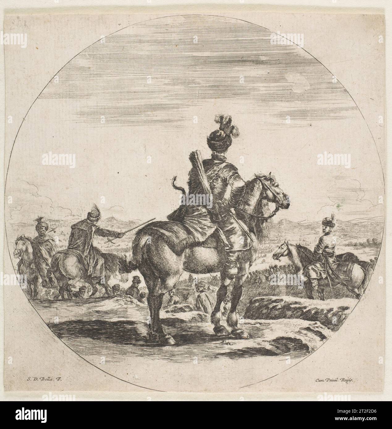 Cheval polonais avec un arc et une flèche, vu de derrière avec son cheval orienté vers la droite, une composition circulaire, de «Figures on Horseback» (cavaliers nègres, polonais et hongrois) Stefano della Bella italien ca. 1651 Banque D'Images