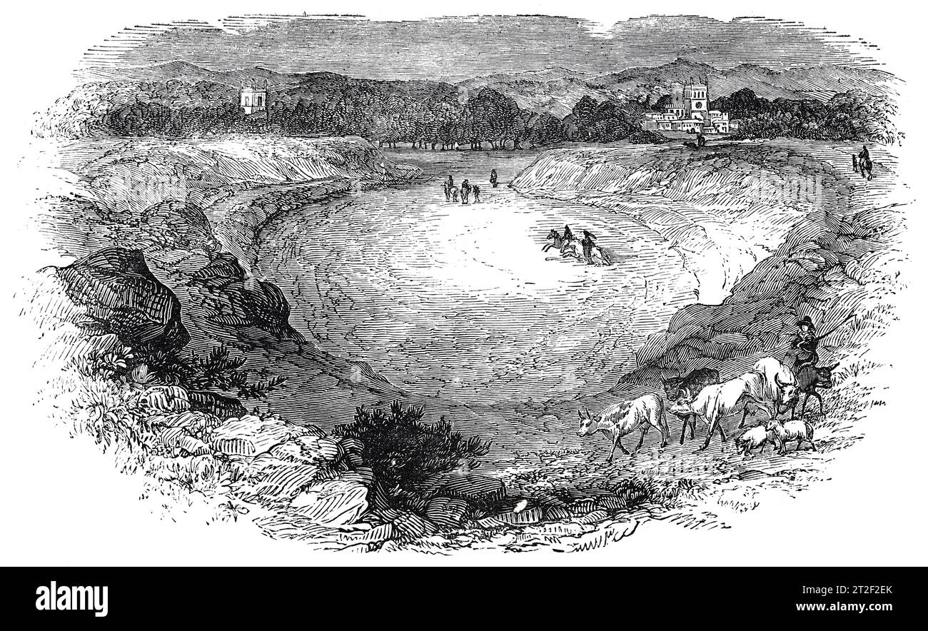 Maumbery Rings et l'amphithéâtre romain à Dorchester, Dorset. Illustration en noir et blanc de la 'Vieille Angleterre' publiée par James Sangster en 1860. Banque D'Images