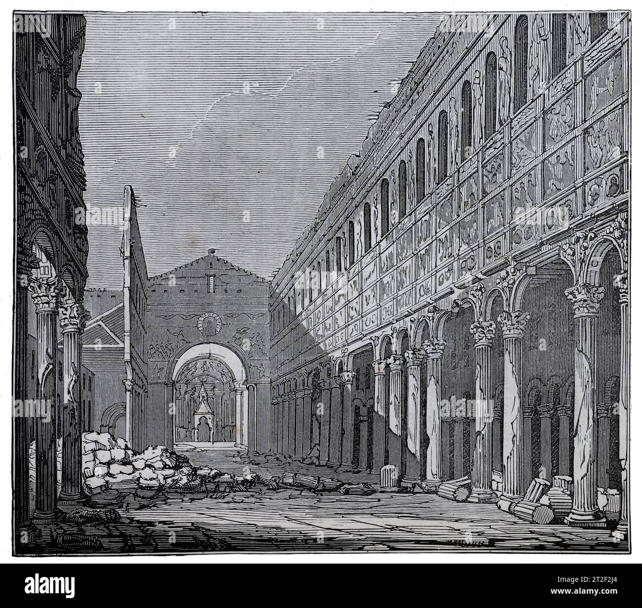 Basilique Saint-Paul, Rome après l'incendie de 1823. Illustration en noir et blanc de la 'Vieille Angleterre' publiée par James Sangster en 1860. Banque D'Images