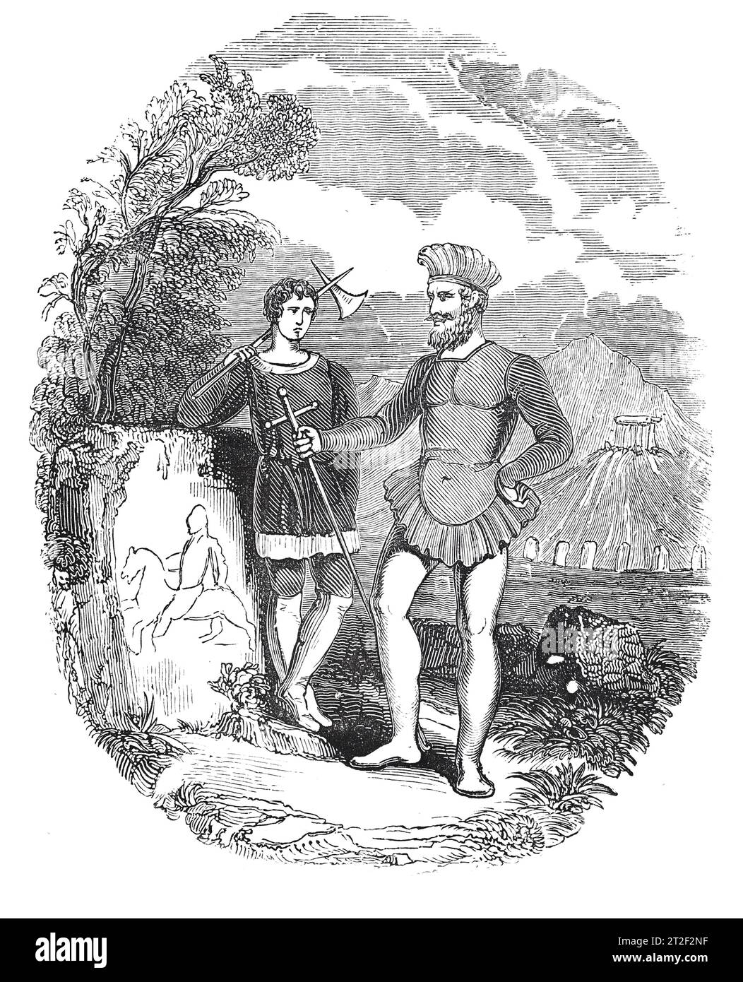 Armes et costumes des guerriers danois. Illustration en noir et blanc de la 'Vieille Angleterre' publiée par James Sangster en 1860. Banque D'Images