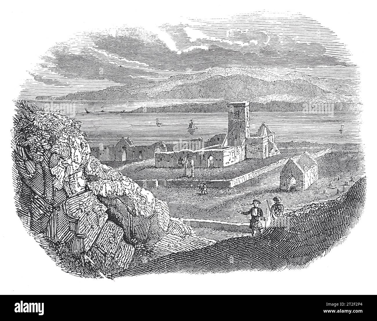 Les ruines du monastère de Iona, sur I-Columb-Kill. Illustration en noir et blanc de la 'Vieille Angleterre' publiée par James Sangster en 1860. Banque D'Images