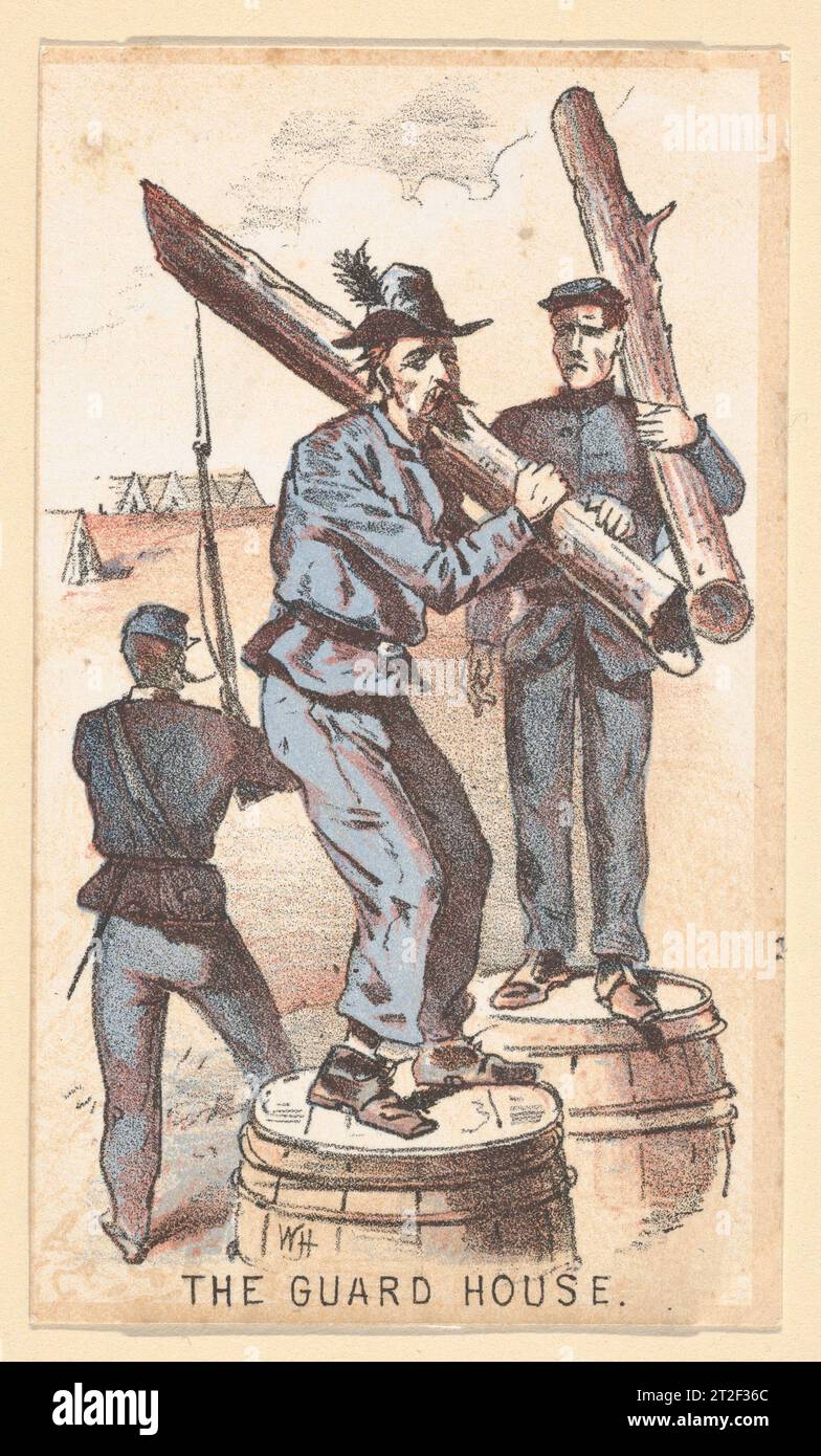 Life in Camp, part 1 : The Guard House après Winslow Homer Éditeur américain Louis Prang & Co. American 1864 en 1864, Homer conçoit deux séries de cartes de collectionneurs lithographiées intitulées Life in Camp pour l’éditeur de Boston Louis Prang & Co Contrairement à ses images sérieuses en temps de guerre pour Harper’s Weekly, l’artiste s’est senti libre d’injecter de l’humour dans ces commentaires miniatures sur la vie de l’armée qui comprennent des images de soldats se reposant, mangeant et réagissant à la vie de l’armée. Ici, les soldats de l'Union sont punis en se tenant debout sur des barils et faits pour tenir de lourdes bûches. En 1864, la guerre entrait dans ses derniers mois et anciennement sac Banque D'Images