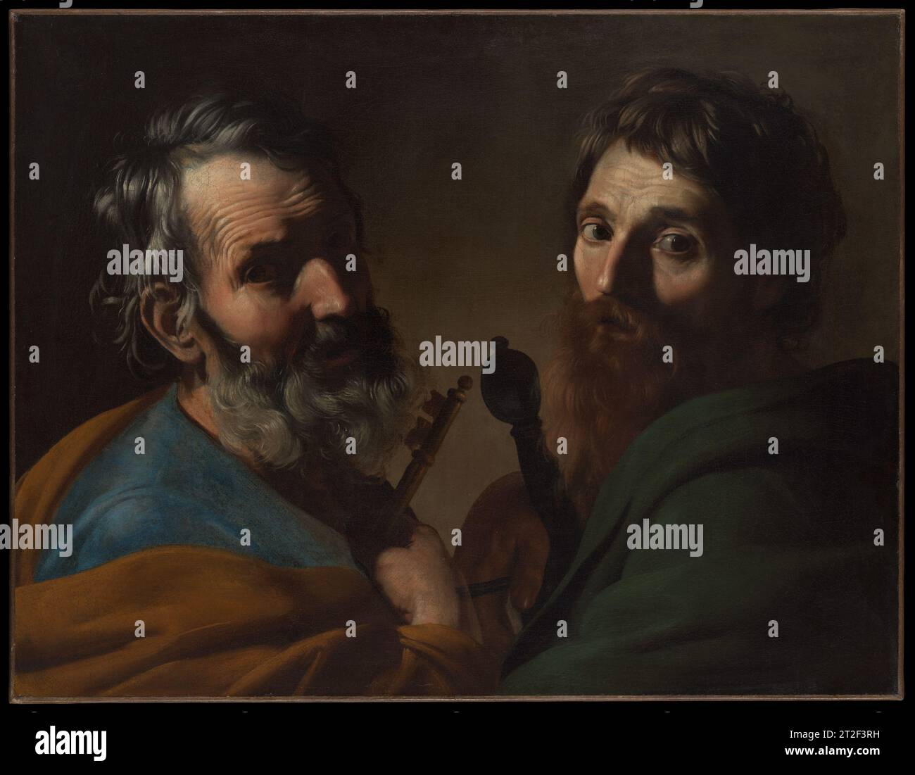 Saints Pierre et Paul Bartolomeo Manfredi Italien années 1620 traiter Saints Pierre et Paul dans un double portrait a une longue tradition dans la peinture européenne avec des origines dans les icônes byzantines tardives. Ici, un des premiers adeptes du Caravage a mis à jour cette iconographie dans un mode baroque, engageant une source de lumière forte de gauche et dépeignant soigneusement les idiosyncrasies des visages de ses modèles plutôt que de s’appuyer sur des types idéalisés. L'analyse stylistique et technique suggère que cette peinture a peut-être été exécutée par deux artistes : le peintre principal Manfredi pour Saint Pierre et son acolyte et chiot français Banque D'Images