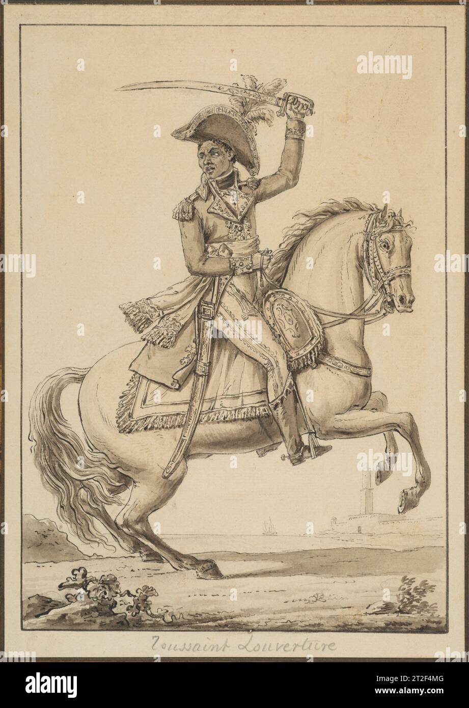 Toussaint Louverture sur cheval Claude Louis Desrais sitter français Toussaint Louverture Haïtien ca. 1802 ce dessin détaillé à l'encre et au lavis a récemment été mis au jour et attribué à Claude Louis Desrais d'après une inscription sur le verso. L'identité du sujet en tant que Toussaint Louverture (ca.1743-1803) est connue par l'inscription sur le dessin ainsi que sur l'estampe connexe publiée par Pierre Jean, une œuvre considérée jusqu'à présent comme étant d'après un dessin anonyme. Toussaint-Louverture émerge comme leader lors des soulèvements généralisés des esclaves à Saint-Domingue (non Banque D'Images