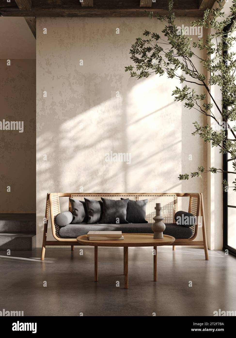 Salon beige Boho avec canapé salon, arbre et fond de fenêtres. Vue sur la nature japonaise moderne et lumineuse. rendu 3d. Illustration 3D de haute qualité Banque D'Images