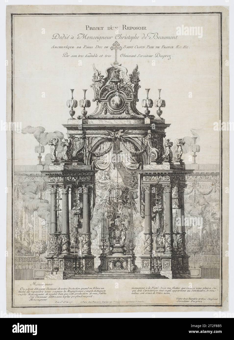 Conception de la décoration de l'autel à ériger pendant la semaine Sainte, dédiée à Monseigneur Christophe de Beaumont, archevêque de Paris Louis Jean Desprez Français 1769 Grand drap avec vue frontale d'un autel surmonté d'un grand baldachin (temporaire), destiné à décorer l'autel pendant la semaine Sainte, en particulier le jeudi Saint et le Vendredi Saint. La structure porte les fleurs-de-lis de France et est surmontée d'une croix patriarcale. Sous le dessin, Desprez a inclus une dédicace à Monseigneur Christophe de Beaumont, archevêque de Paris de 1746 jusqu'à sa mort en 1781. Banque D'Images