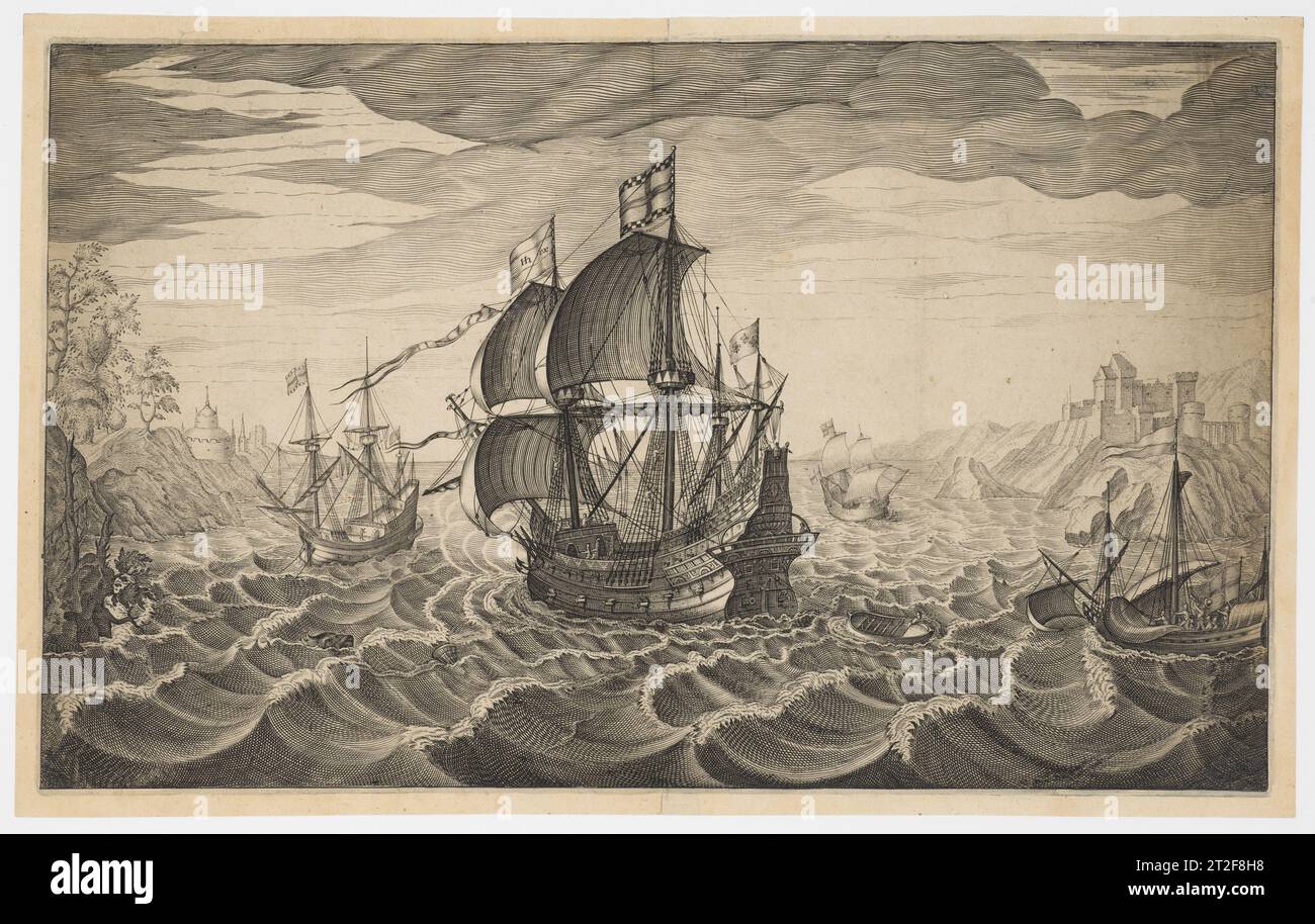 Quatre voiliers sur des mers agitées attribués à Robert Willemsz de Baudous Netherlandish Éditeur Hendrick Hondius i Netherlandish ca. 1603- ca. 1630 cette grande gravure inédite semble représenter un navire de la marine royale britannique accompagnant trois navires de la Compagnie de Guinée lors d’une expédition en Afrique. La Compagnie de Guinée était une société privée fondée pour commercer en Afrique à des fins lucratives. Le drapeau avec une croix et une bordure à damier est associé à cette société. La société, active à travers le XVIIe siècle, était impliquée dans le commerce de l'or, des séquoias ainsi que des esclaves. L'impression wa Banque D'Images