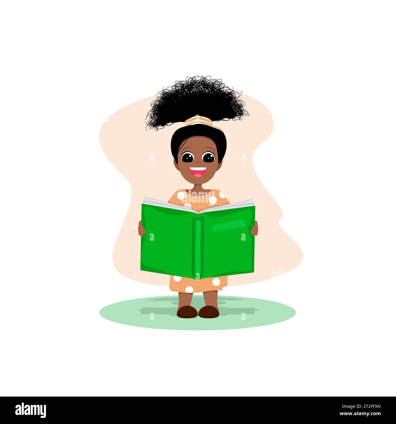 Une enfant afro-américaine joyeuse avec une coiffure brillante et un livre dans ses mains. Banque D'Images