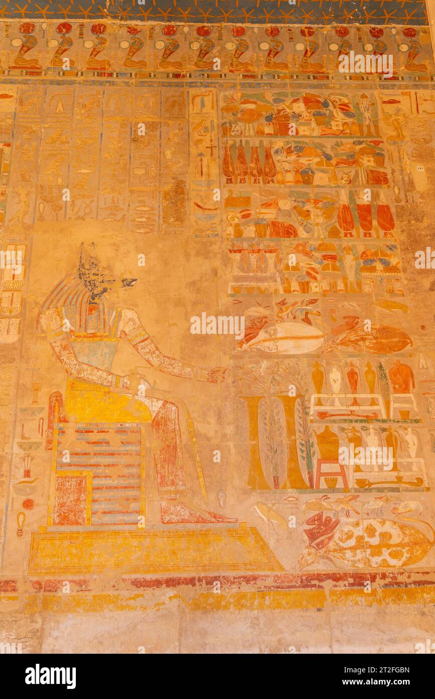Dessins égyptiens dans le temple mortuaire de Hatshepsut à Louxor. Égypte Banque D'Images