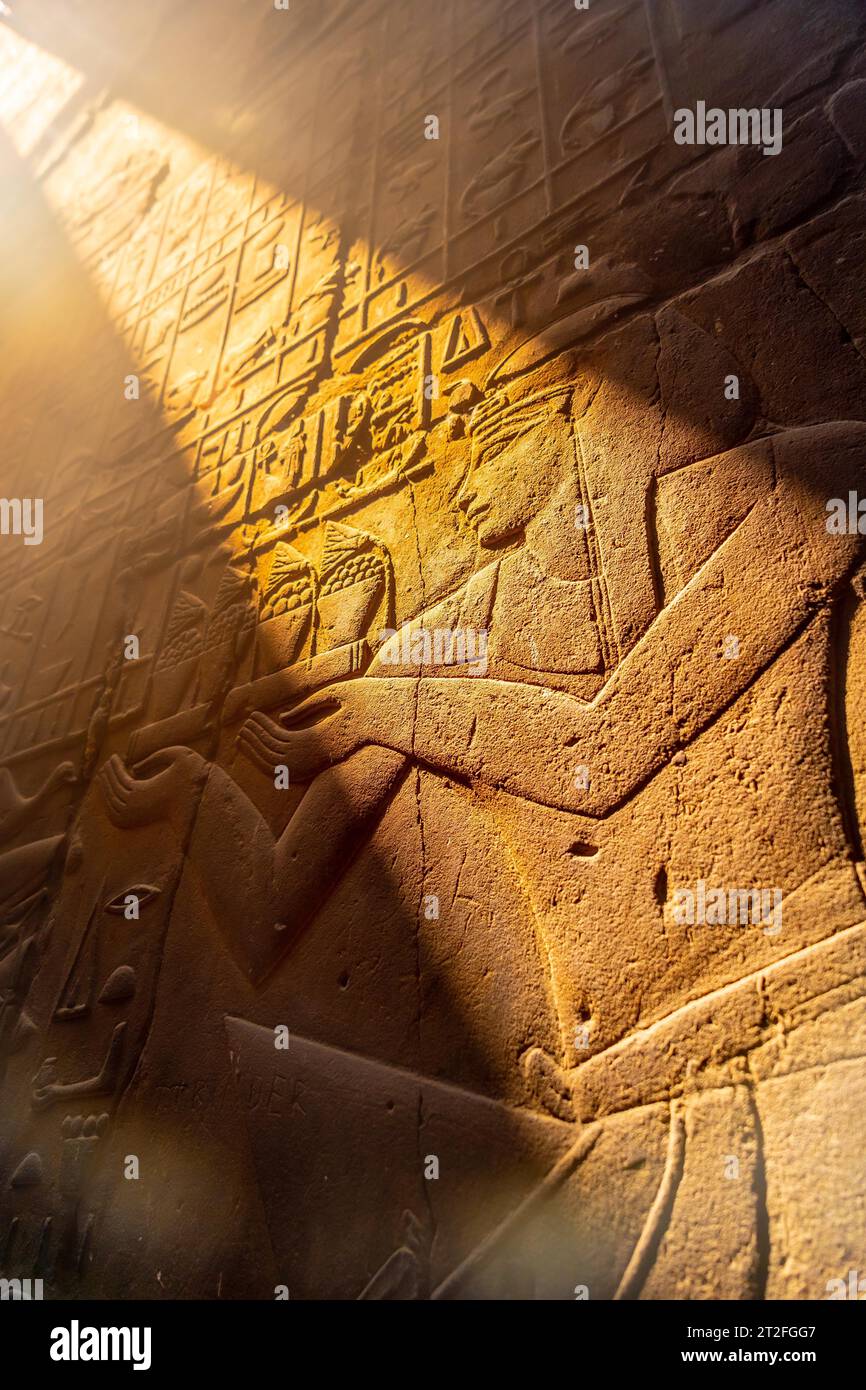 Détail de la belle lumière naturelle sur un ancien dessins égyptiens à l'intérieur du temple de Louxor, en Égypte Banque D'Images