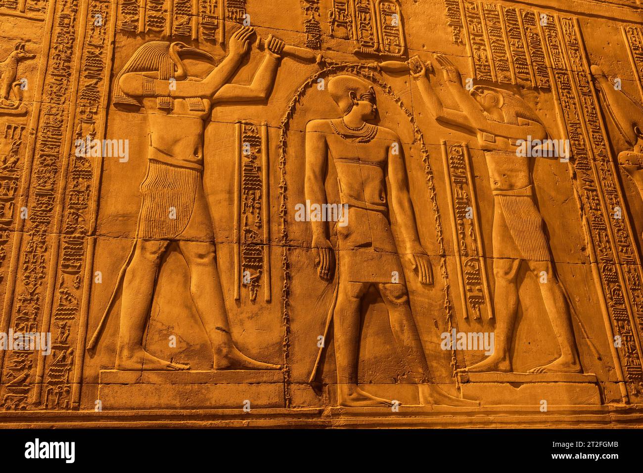 Dessins égyptiens et hiéroglyphes au temple de Kom Ombo, le temple dédié aux dieux Sobek et Horus. Dans la ville de Kom Ombo près d'Aswer Banque D'Images
