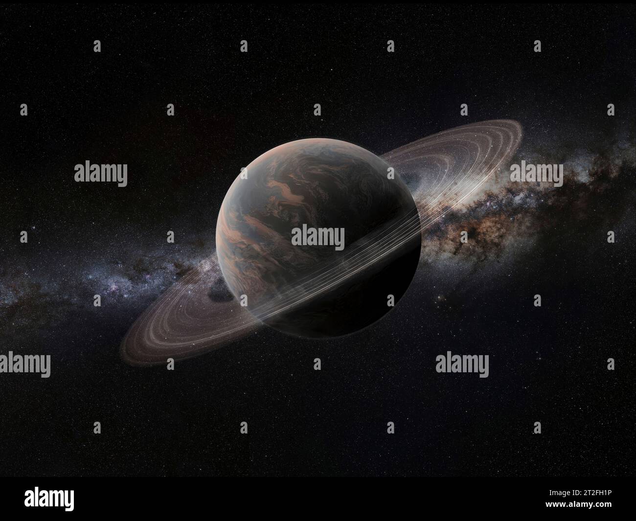 Impression d'artiste d'une planète avec un système d'anneaux. Banque D'Images