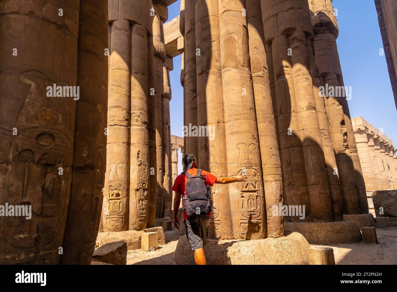 Un photographe regardant des dessins égyptiens anciens sur les colonnes du temple de Louxor, en Égypte Banque D'Images