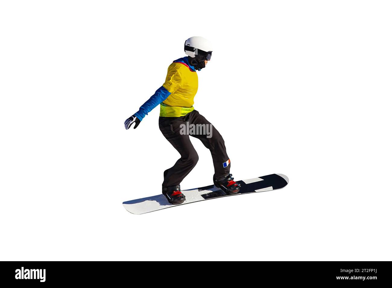 Femme athlète snowboarders dans l'équipe de France sautant des gouttes dans le snowboard isolé sur fond blanc Banque D'Images
