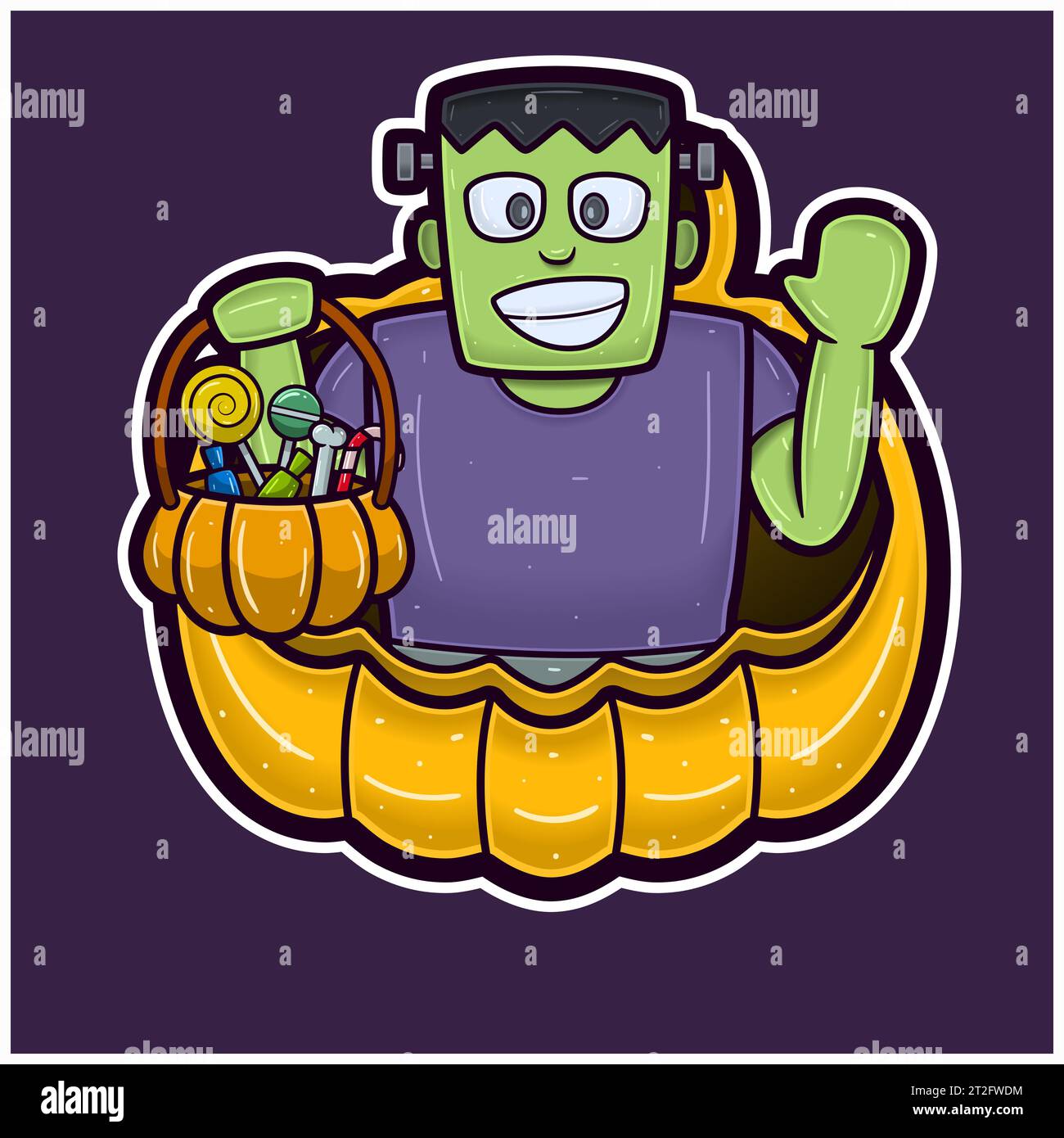 Green Zombie sur Big Pumpkin Cartoon. Logo autocollant Halloween. Vecteurs et illustrations. Illustration de Vecteur