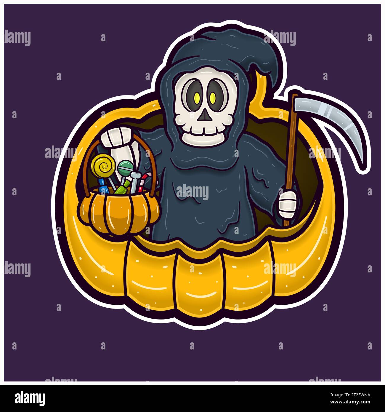 Grim Reaper sur Big Pumpkin Cartoon. Logo autocollant Halloween. Vecteurs et illustrations. Illustration de Vecteur