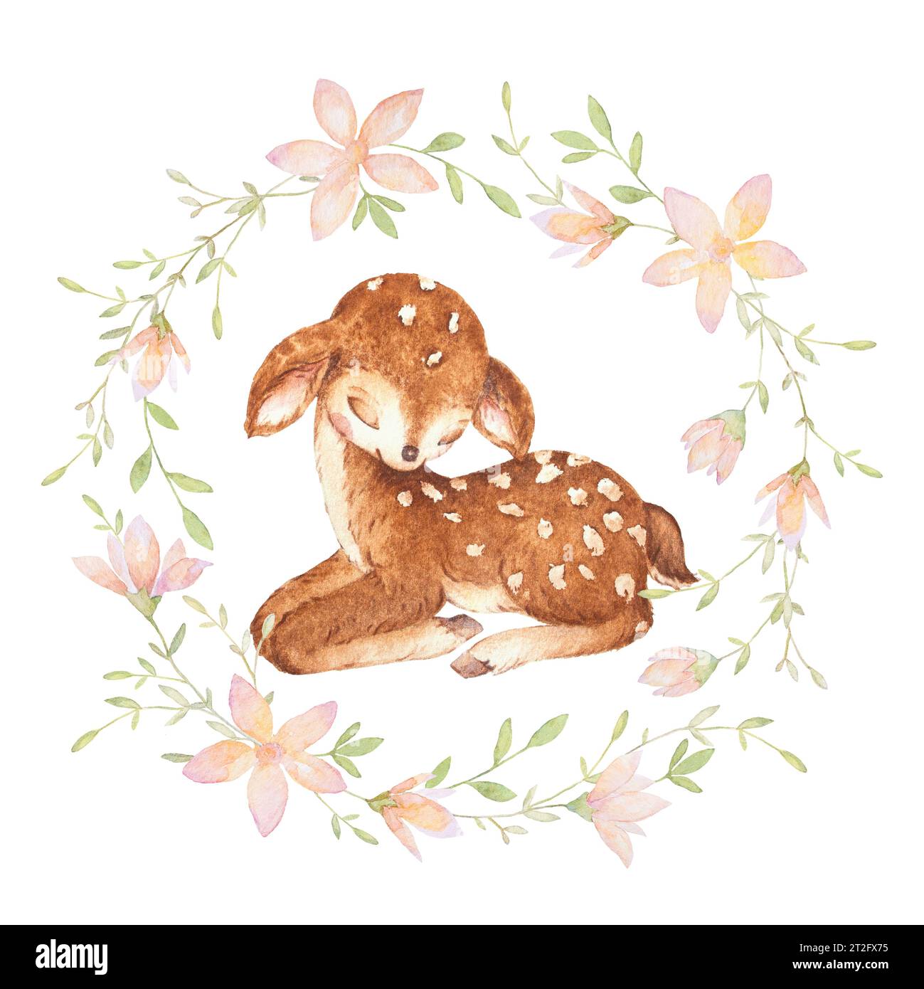 Little Deer Sleeping Aquarelle Fawn, fleurs d'aquarelle, clip Art de couronne d'automne, éléments d'aquarelle dessinés à la main, composition préfabriquée Banque D'Images