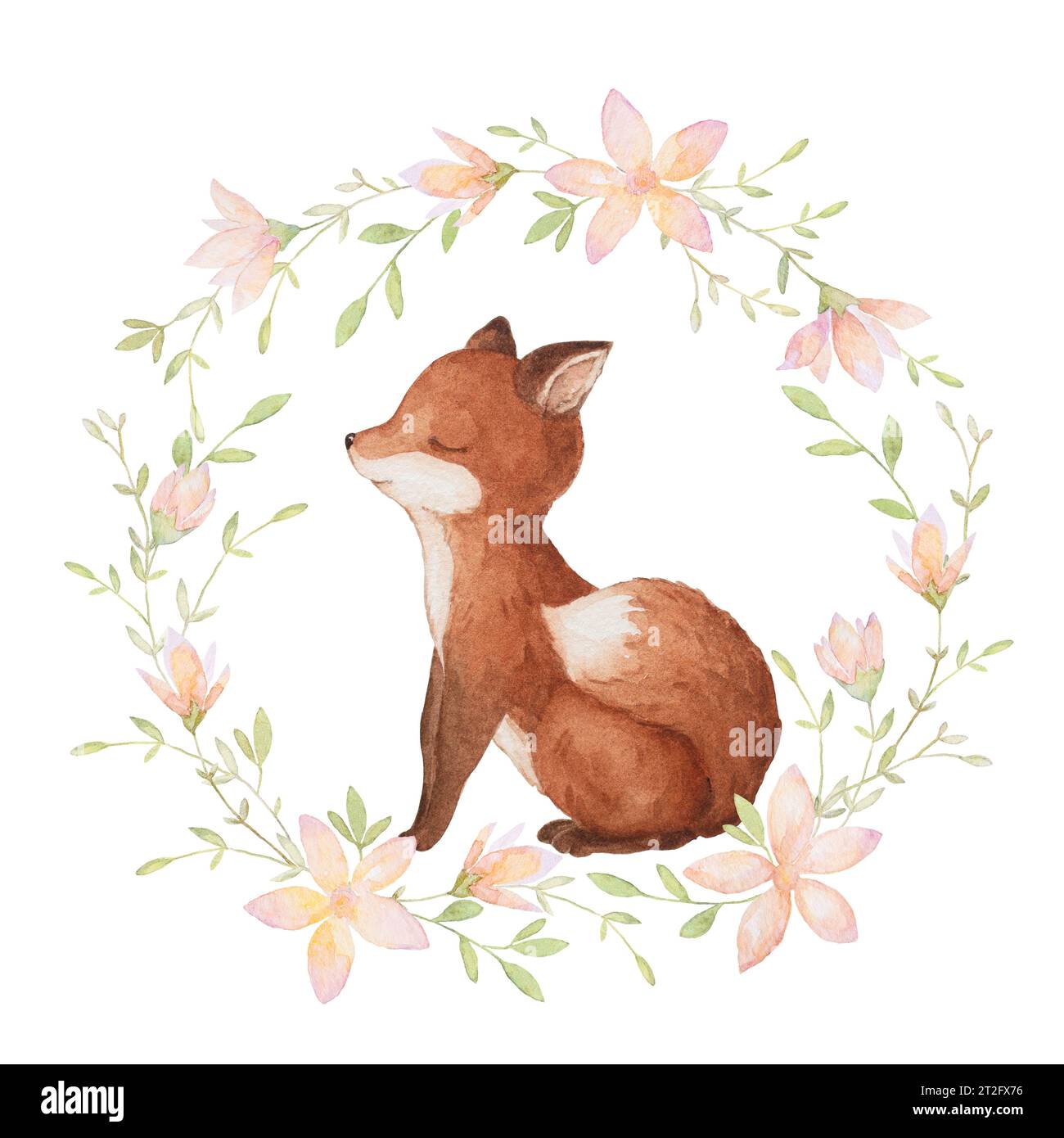 Aquarelle dormante Little Fox, clip Art de couronne florale, carte bébé Woodland, éléments aquarelle dessinés à la main Banque D'Images