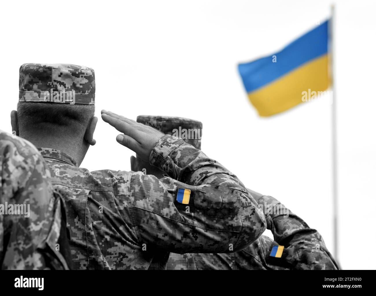 Soldats ukrainiens saluant. Drapeau de l'Ukraine. Armée ukrainienne. Banque D'Images Soldats ukrainiens saluant. Drapeau de l'Ukraine. Armée ukrainienne. Banque D'Images