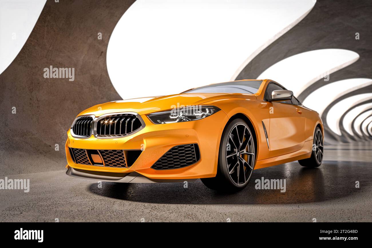 luxueuse voiture de sport jaune dans un tunnel en béton moderne. rendu 3d. Banque D'Images