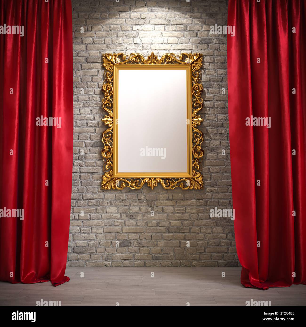 cadre en or avec peinture blanche avec rideaux rouges. rendu 3d. Banque D'Images