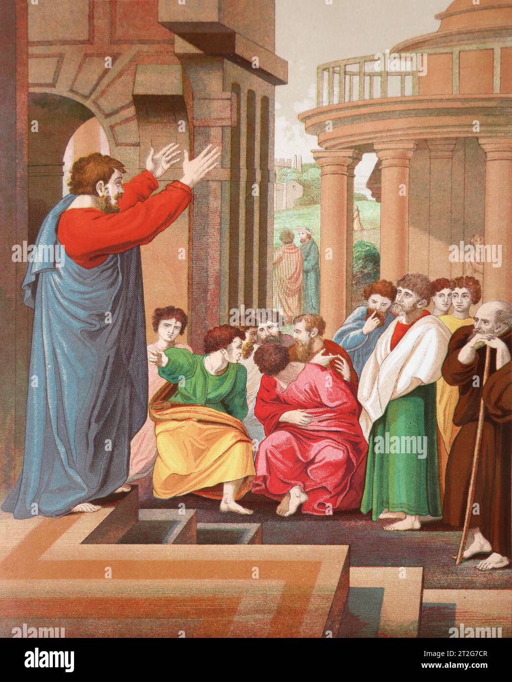 Paul prêchant à Athènes (le sermon de l'Aréopage) actes XVII du 19e siècle Sainte Bible - l'auto-interprétation de la Bible de la famille avec l'ancien et le nouveau Testamen Banque D'Images