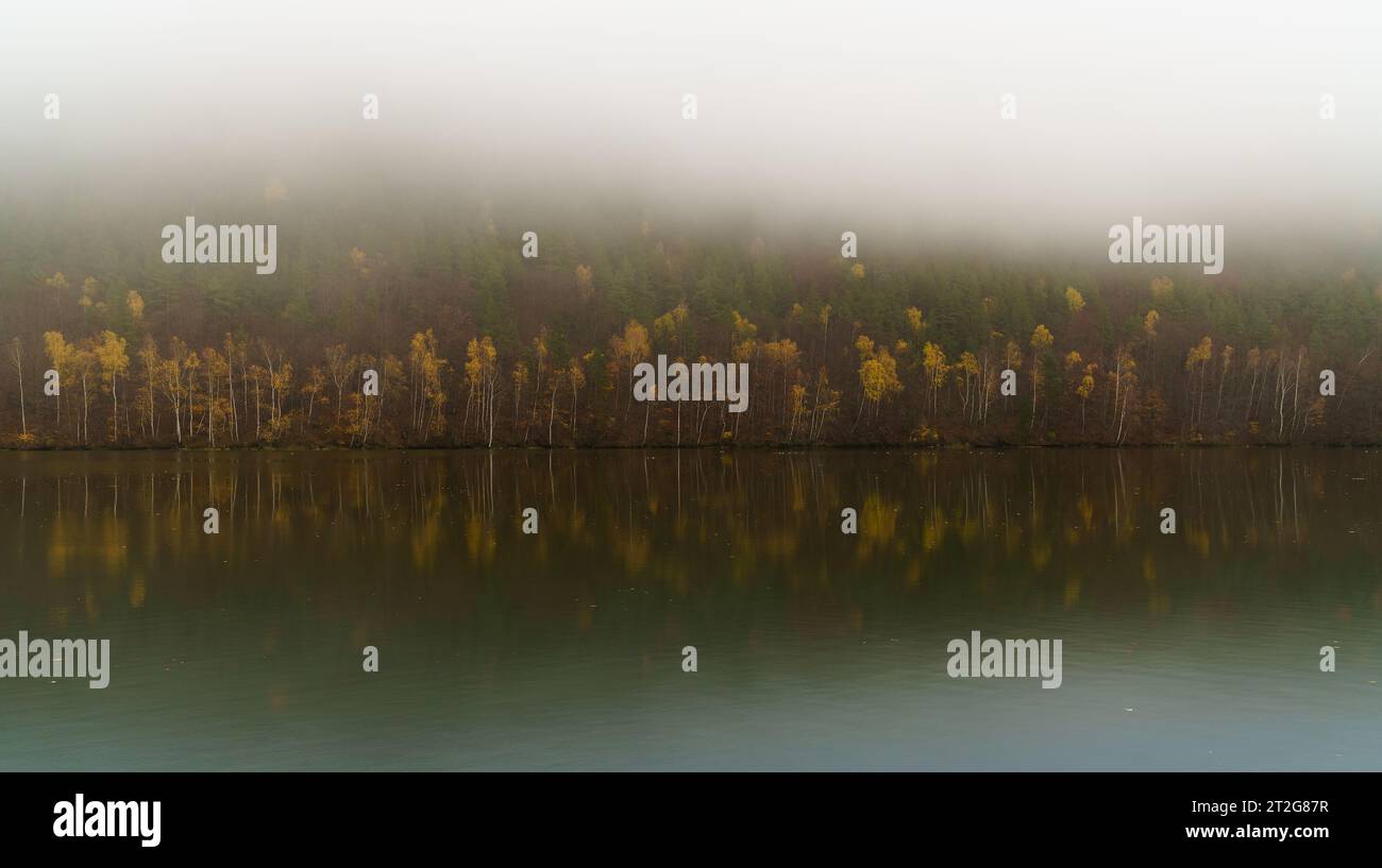 Large fleuve Vag calme des eaux automnales avec des forêts de brumes décidues rouges et jaunes réfléchissantes près de la colonie de Sutovo, République slovaque. Météo Moody et tr Banque D'Images