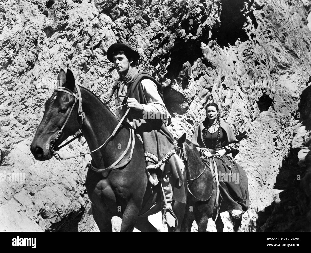 Rory Calhoun, Gene Tierney, sur le plateau du film, 'Way of a Gaucho', 20th Century-Fox, 1952 Banque D'Images