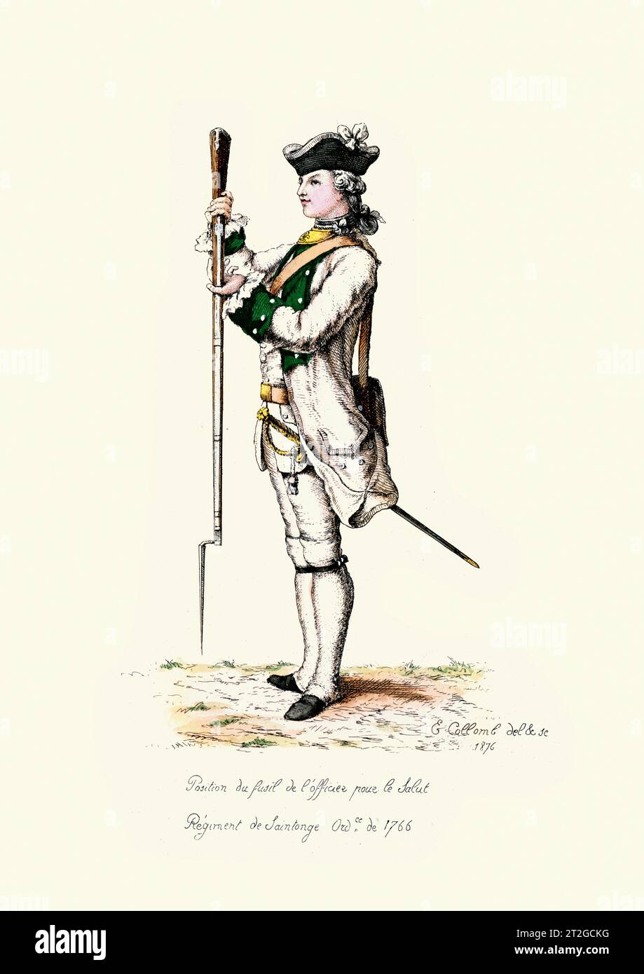 Uniformes militaires français, 18e siècle, Histoire, salutation des soldats d'infanterie, Musket à baïonnette, régiment de Saintonge Banque D'Images