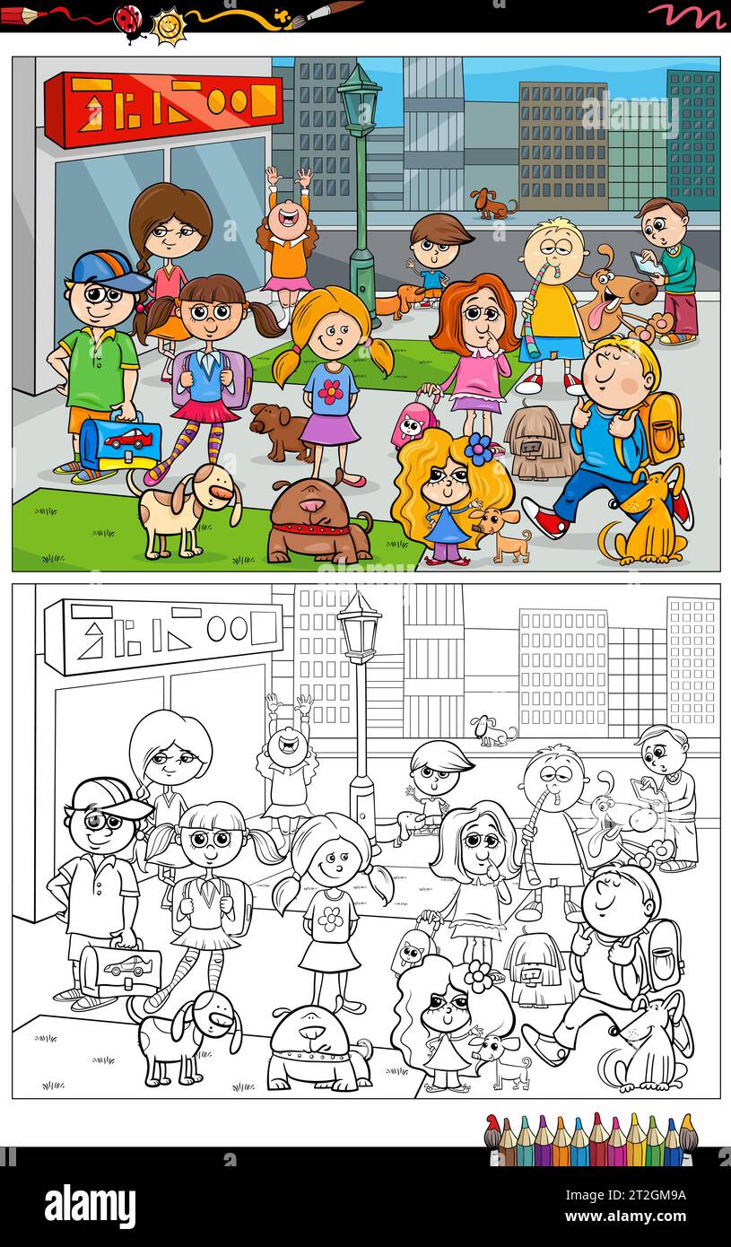 Les illustrations de dessins animés d'enfants drôles et de personnages de chiens se regroupent dans la page de coloriage de la ville Illustration de Vecteur