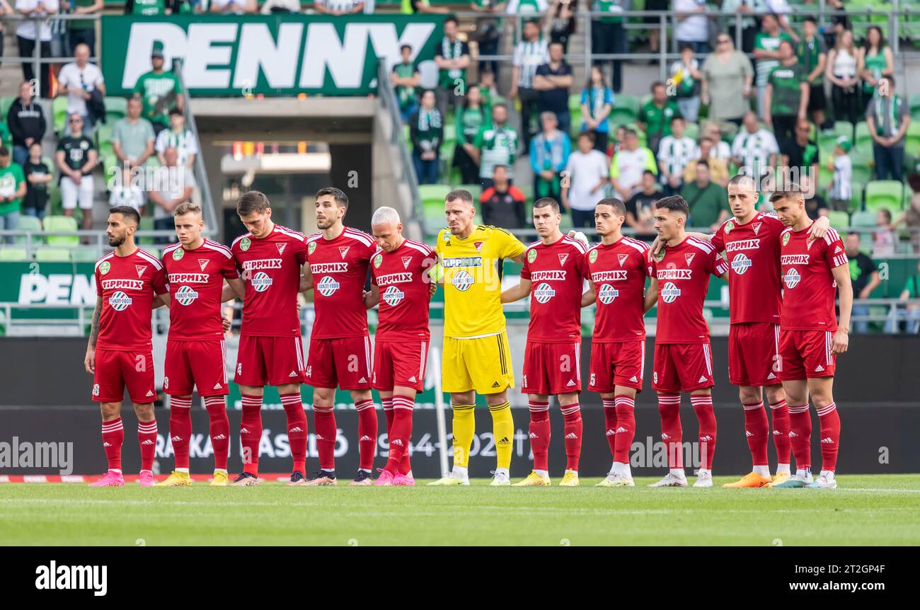 Budapest, Hongrie – 20 mai 2023. Joueurs de Debrecen VSC avant le match hongrois OTP Bank League Gameweek 32 Ferencvaros vs Debrecen (1-3). Banque D'Images