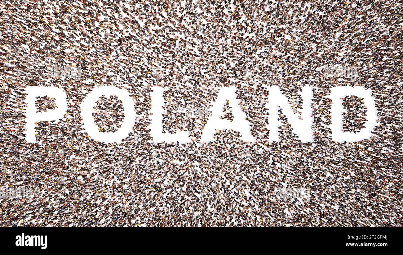 Concept conceptuel Grande communauté de personnes formant le mot POLOGNE. illustration 3d métaphore pour la culture, l'histoire et l'éducation, la politique, l'économie Banque D'Images