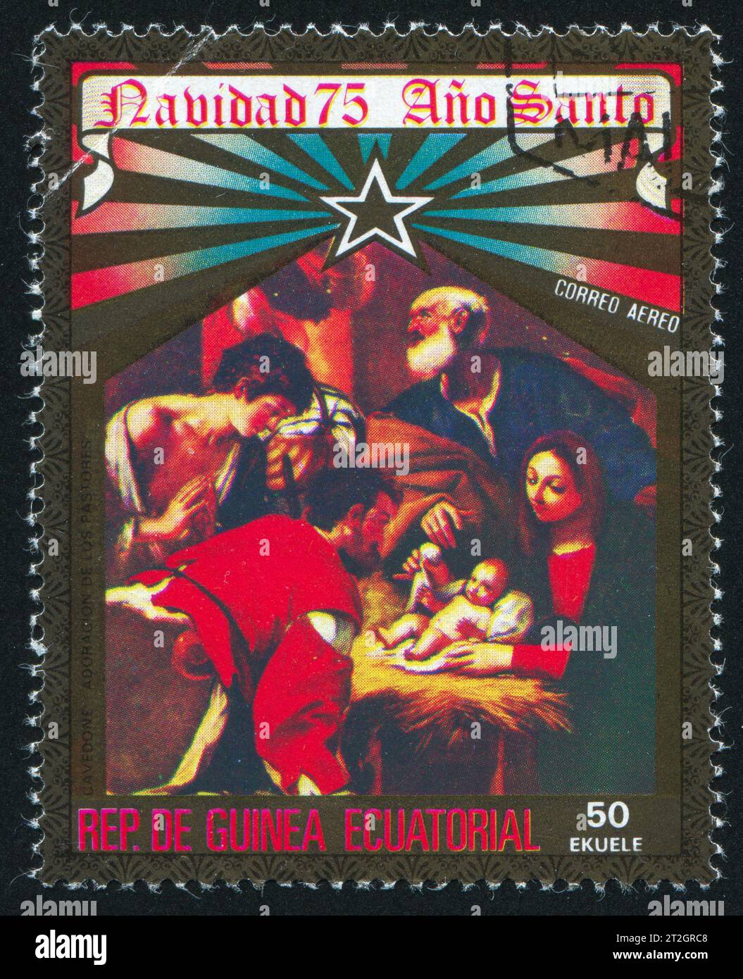 GUINÉE ÉQUATORIALE - CIRCA 1975 : timbre imprimé par la Guinée équatoriale, montrant Isabel II et les gens, circa 1975 Banque D'Images