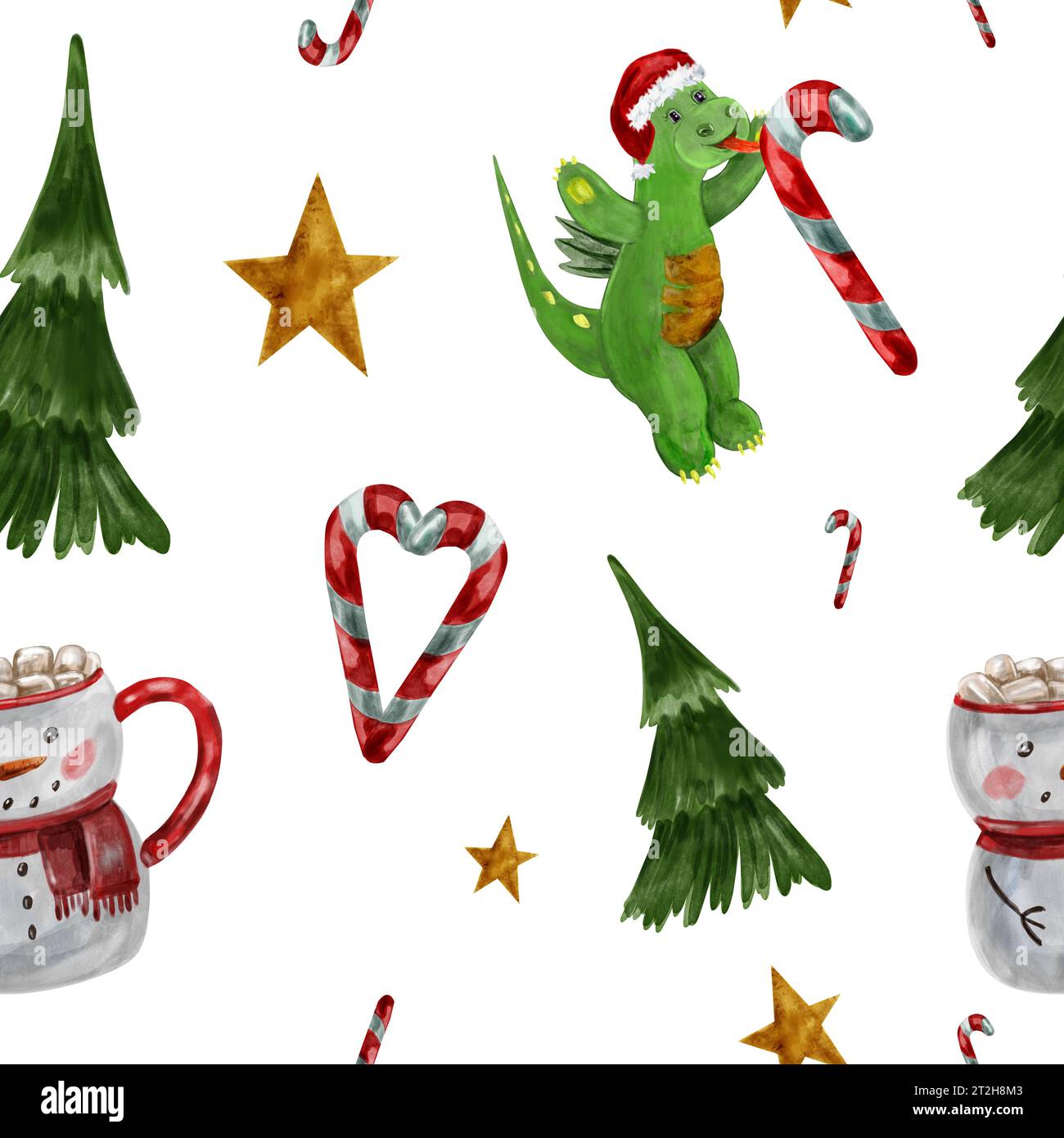 Motif aquarelle avec dragon mignon dans le chapeau de père Noël rouge avec des bonbons de Noël, tarte, étoile, cacao avec des guimauves dans la tasse de bonhomme de neige, étoile de Noël. Symbole Banque D'Images
