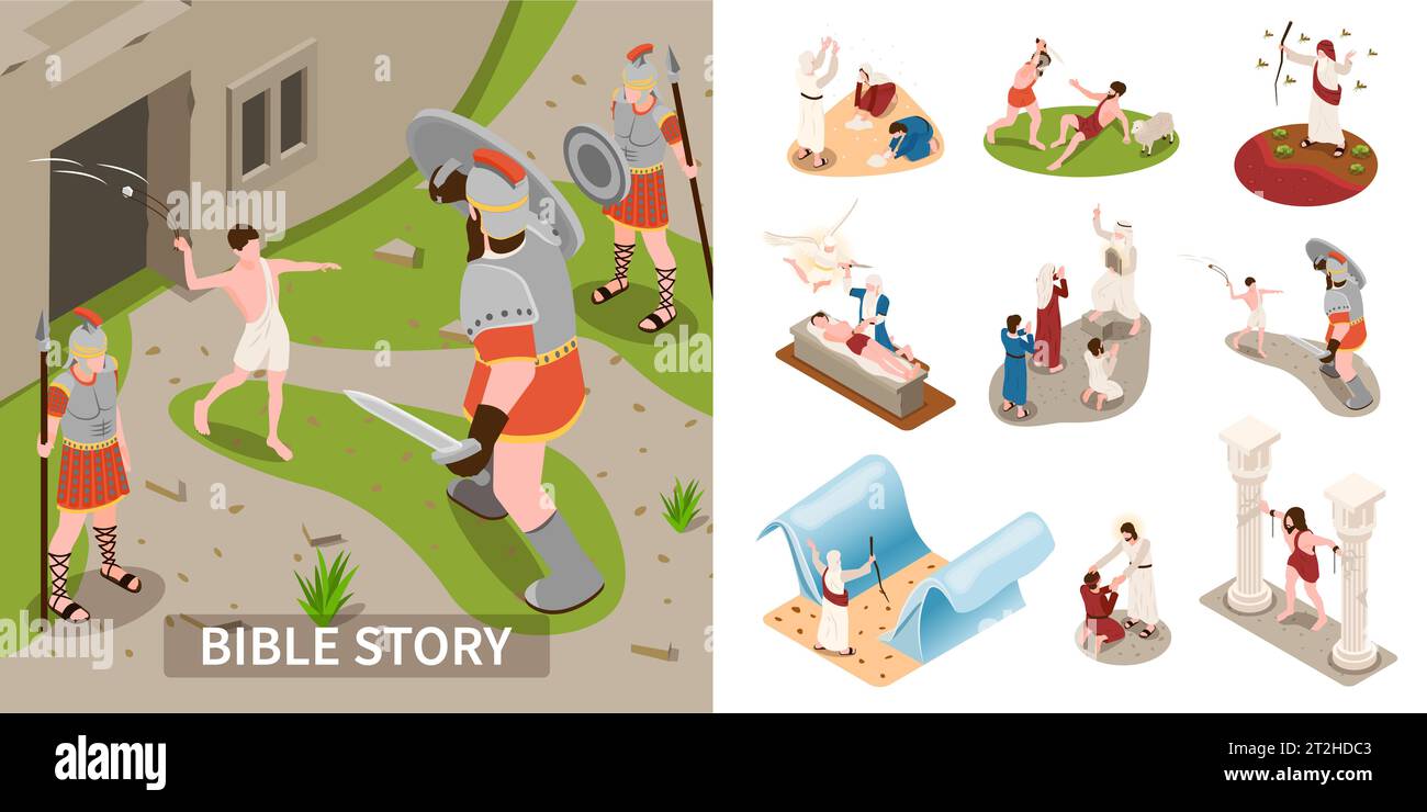 Composition de l'histoire de la Bible avec la religion et les symboles de miracle illustration vectorielle isolée isométrique Illustration de Vecteur