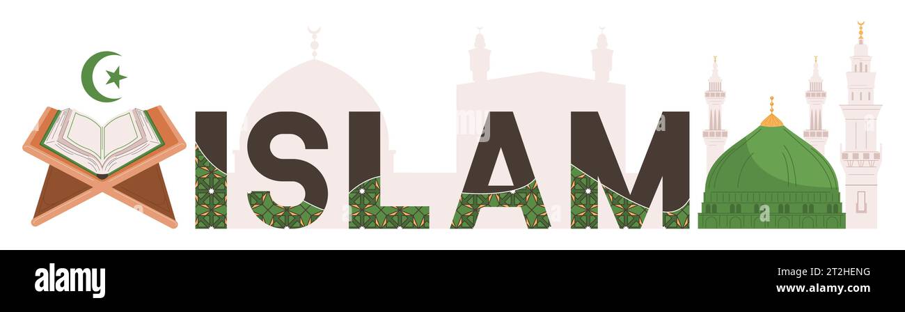 Texte de religion de l'Islam avec livre de Coran et mosquées sur illustration vectorielle de fond Illustration de Vecteur