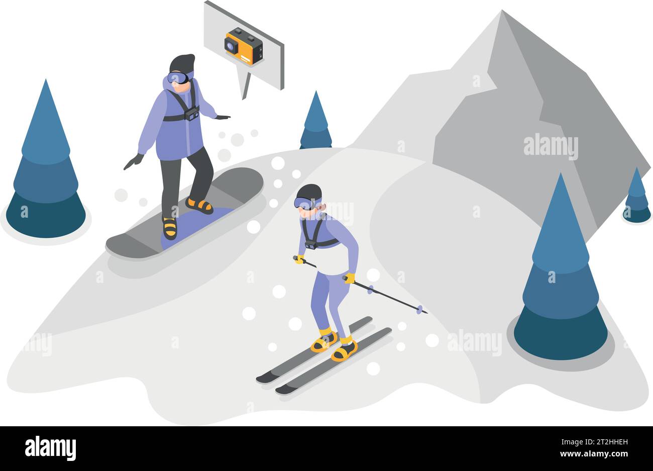Les gens de ski et de snowboard en descente se photographiant eux-mêmes sur l'illustration vectorielle de composition isométrique de caméra d'action Illustration de Vecteur